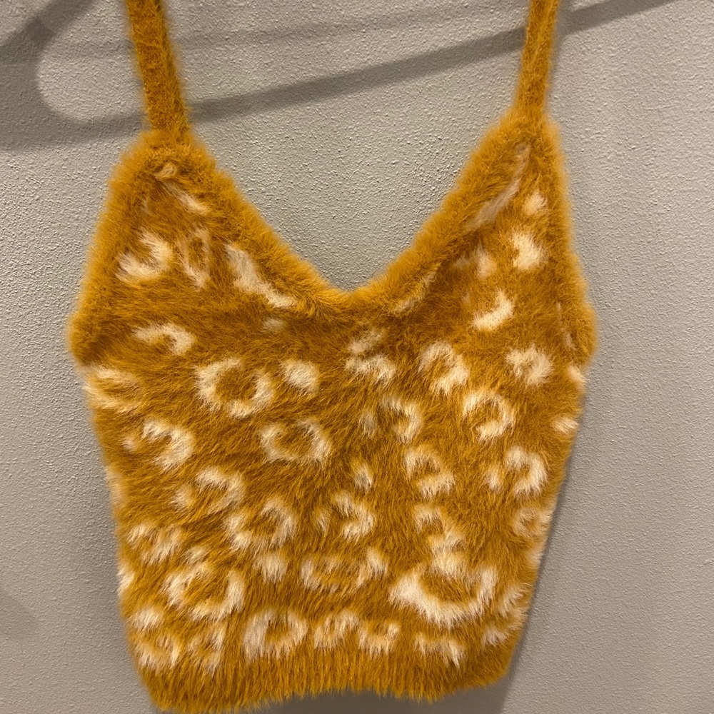 Forever 21 Yellow print Strap Faux Fur Crop Top